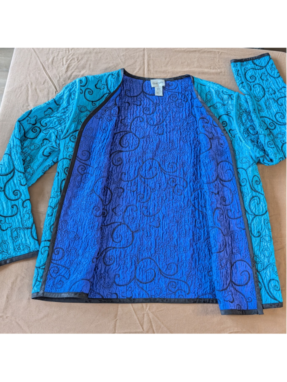 Chicos 100% Silk Embroidery Open Front Jacket Blue Black Floral Trim Art To Wear - Picture 9 of 14